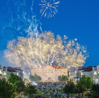TCU Commencement 2016 Fireworks Fireworks exploding in the night sky over the campus commons Scharbauer Hall