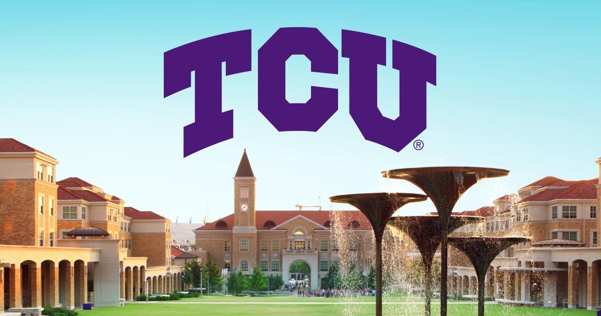 The TCU Commons with a purple TCU logo superimposed in the sky