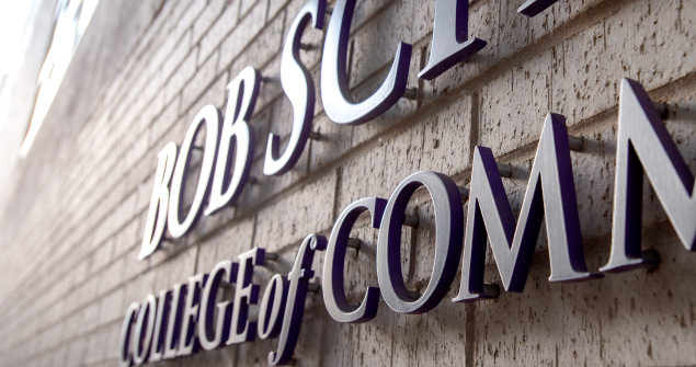 Close up photo of Bob Schieffer College of Communication exterior signage