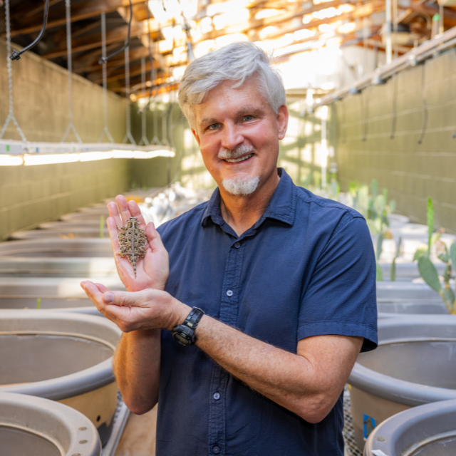 Dean Williams holding a horned lizard at the Fort Worth Zoo